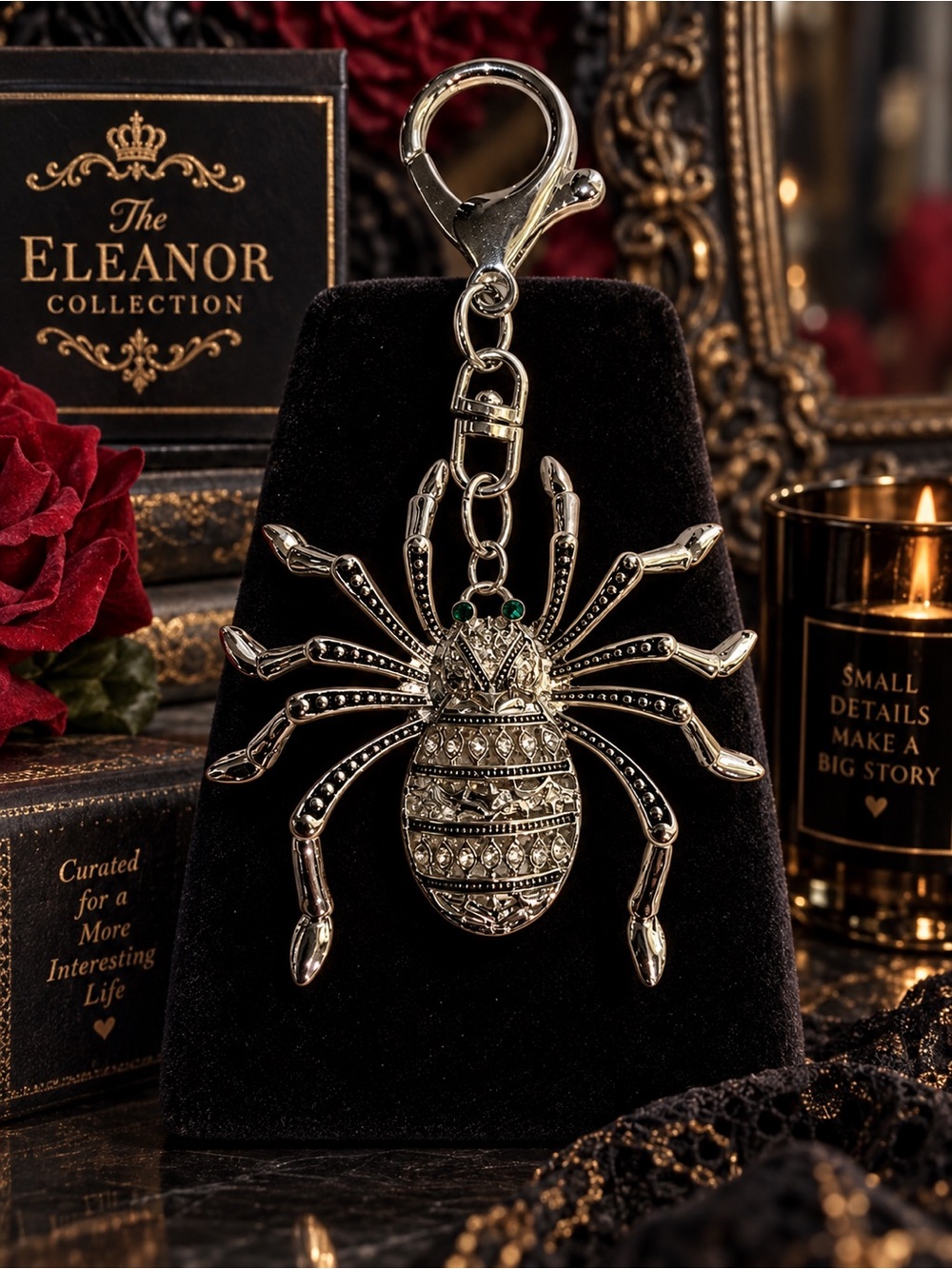 The Eleanor Collection Silver Crystal Spider Keychain Emerald Green Eyes